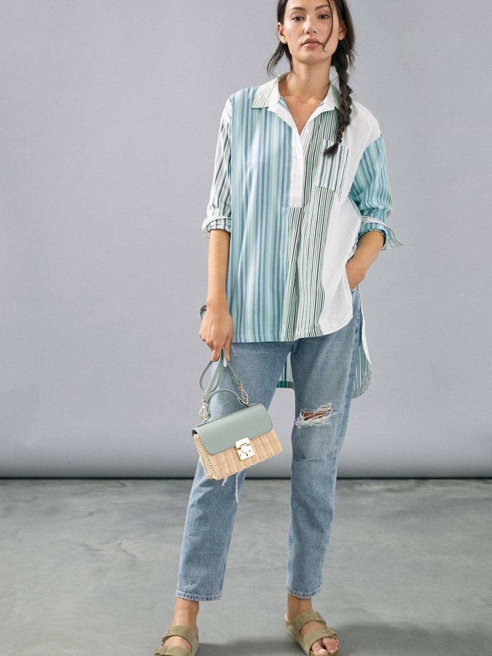 Anthropologie Maeve Alix Henley Tunic Blouse Blue & White Stripe High Low Size M